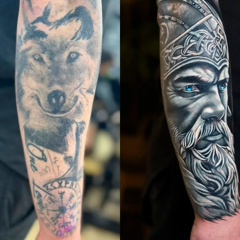 Cover-up sur l’avant-bras : ancien tatouage recouvert par un portrait de viking