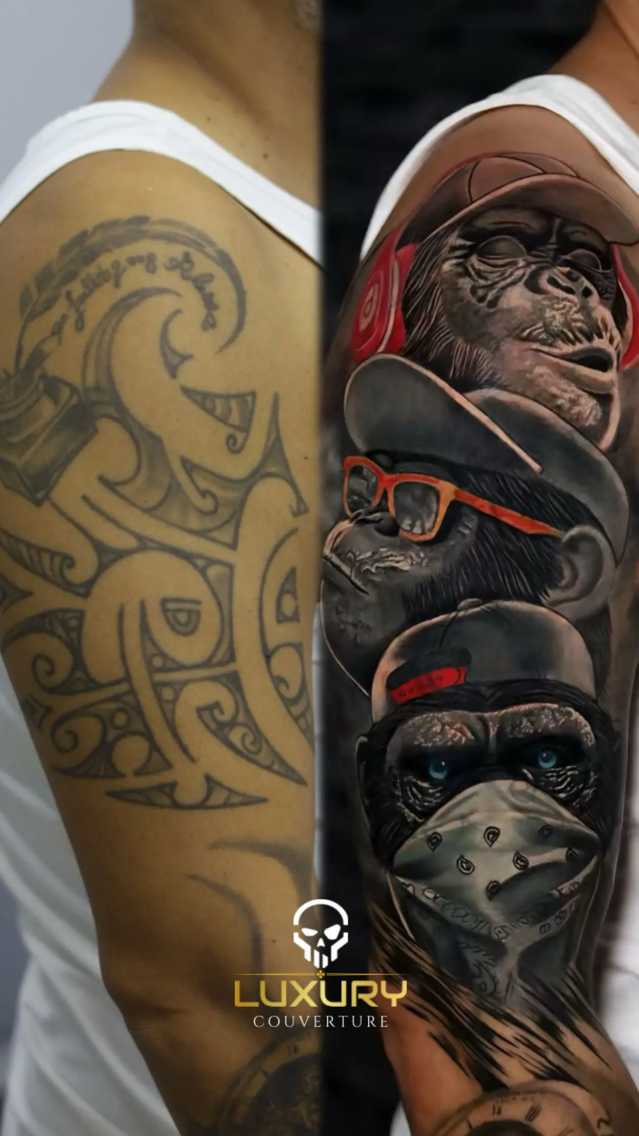 Cover-up sur le bras : un maori recouvert par des singes en réalisme, avant et après