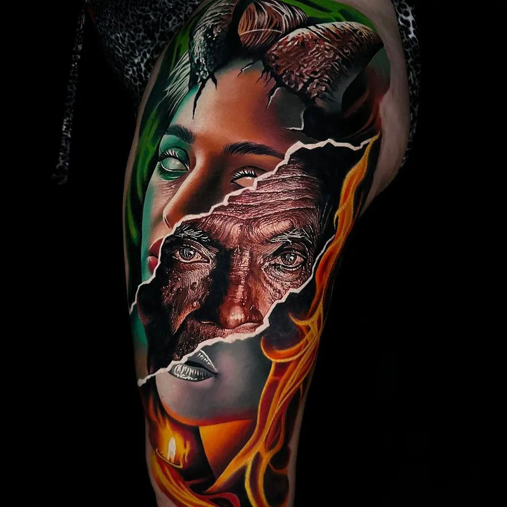 Réalisme couleur : portraits déchirés et flammes